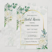 エレガントな白いバラの水彩画 ブライダルシャワー 招待状 (正面/裏面)