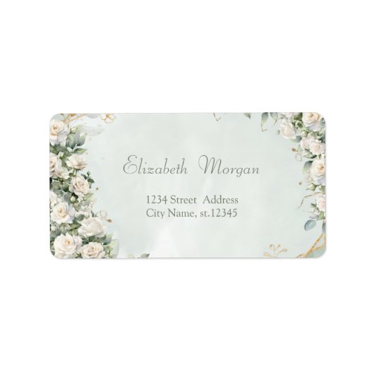 エレガントな白いバラの結婚式 ラベル (正面)