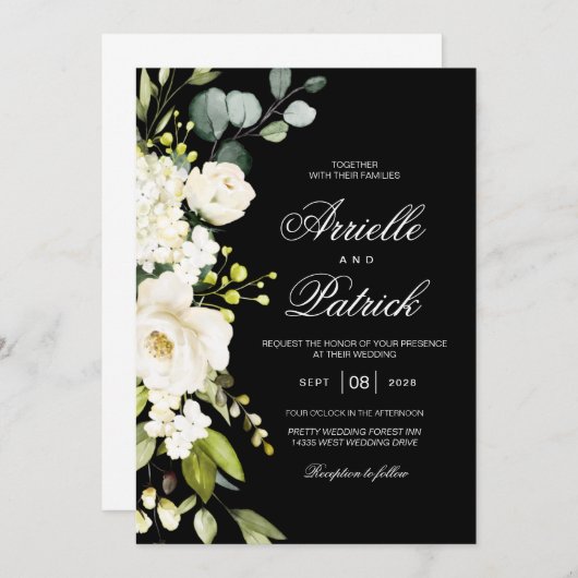 エレガントな白いバラの花と緑 招待状 (正面/裏面)