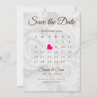 エレガントな白いバラのSave The Dateカレンダー結婚式 招待状
