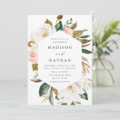 エレガントな白いモクレンとピンクの花嫁衣装の結婚式 招待状 (スタンド正面)
