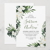 エレガントな白いラン 花のボヘミアングリーンウェディング 招待状 (正面/裏面)