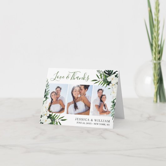エレガントな白いラン 花のボヘミアンスタイルの結婚式 3枚の写真 サンキューカード (正面)