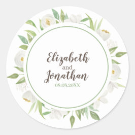 エレガントな白い及び緑の水彩画の花の結婚式 ラウンドシール