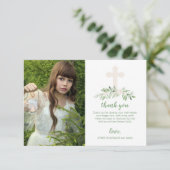 エレガントな白い及び緑バラの最初聖餐式 サンキューカード (スタンド正面)