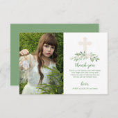 エレガントな白い及び緑バラの最初聖餐式 サンキューカード (正面/裏面)