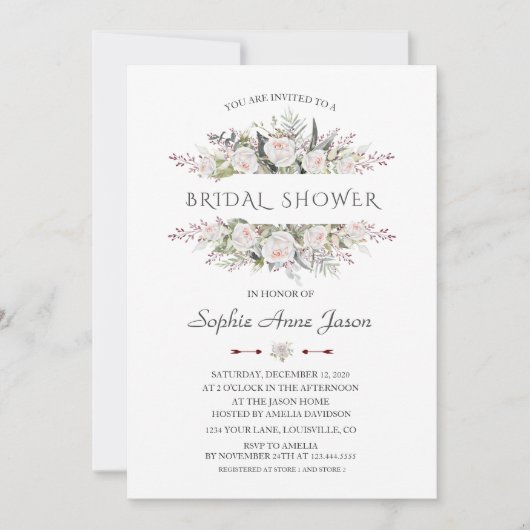 エレガントな白い花がネイビーの花嫁のシャワーをフレームする 招待状 (正面)