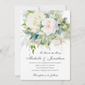 エレガントな白い花と緑のクリスチャンウェディング 招待状 (正面)
