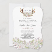 エレガントな白い花と鹿の角 ネイビー ブライダルシャワー 招待状 (正面)