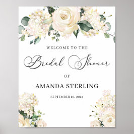 エレガントな白い花のハイドランジア ゴールドのブライダルシャワー ポスター