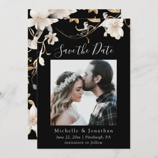 エレガントな白い花のブラックフォトウェディングバイブル セーブザデート (正面/裏面)