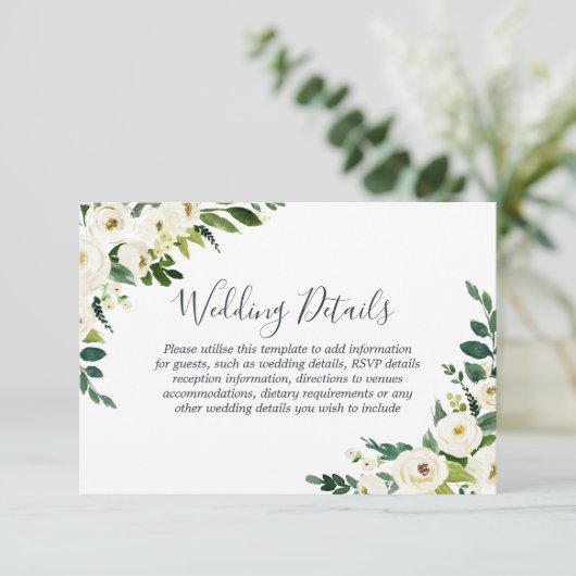 エレガントな白い花のモダンな結婚式の披露宴 エンクロージャーカード (スタンド正面)