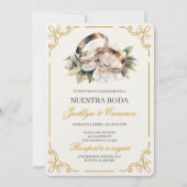 エレガントな白い花のリング スペイン式結婚式 招待状 (正面)