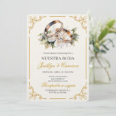 エレガントな白い花のリング スペイン式結婚式 招待状 (スタンド正面)