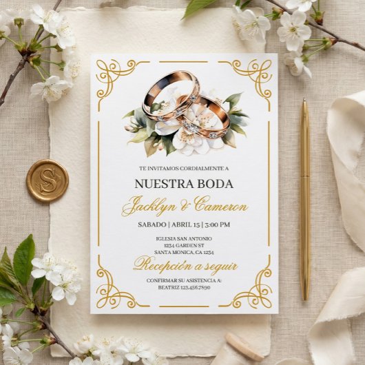 エレガントな白い花のリング スペイン式結婚式 招待状