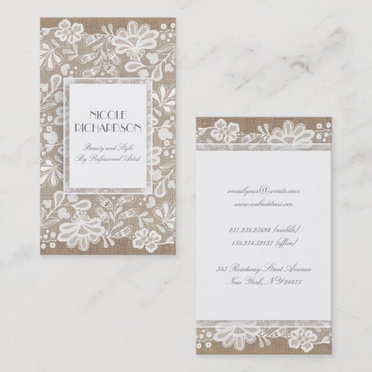 エレガントな白い花のレースおよびバーラップ 名刺 (正面/裏面)