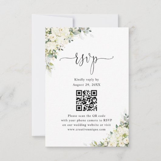 エレガントな白い花の結婚式ウェブサイトQRコードRSVP 出欠カード (正面)