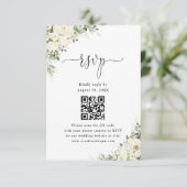 エレガントな白い花の結婚式ウェブサイトQRコードRSVP 出欠カード (スタンド正面)