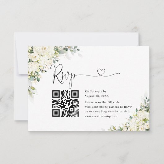 エレガントな白い花の結婚式ウェブサイトQRコードRSVP 出欠カード (正面)