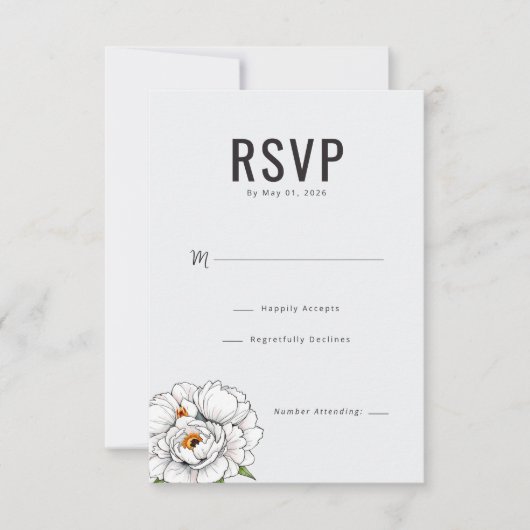 エレガントな白い花のRSVP 出欠カード (正面)