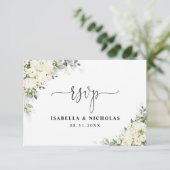 エレガントな白い花柄の結婚式RSVPカード 出欠カード (スタンド正面)
