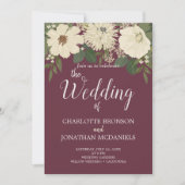 エレガントな白い花 ワインレッドの結婚式 招待状 (正面)