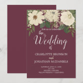 エレガントな白い花 ワインレッドの結婚式 招待状 (正面/裏面)