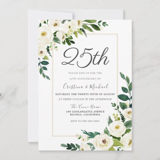 エレガントな白い花 25周年記念結婚式 招待状 (正面)