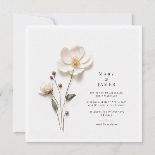 エレガントな白い花 I スクエア ミニマリスト ウェディング サンキューカード (正面)