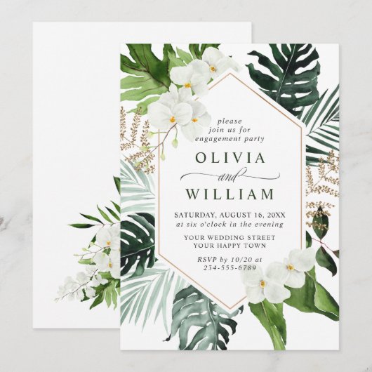 エレガントな白い蘭のボヘミアンスタイルの婚約パーティー 招待状 (正面/裏面)