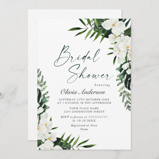 エレガントな白い蘭のボヘミアンスタイルの結婚前お披露目パーティー 招待状 (正面/裏面)