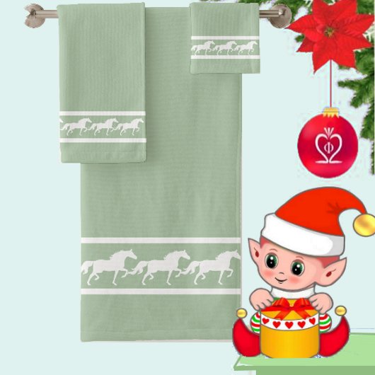 エレガントな白い馬のシルエットがラウレルグリーンに バスタオルセット