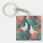 エレガントな白い鳩のピンクの花とゴールドの幾何学模様 キーホルダー (正面)