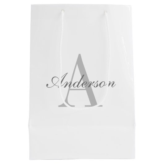 エレガントな白とグレーのモノグラム ミディアムペーパーバッグ (裏面)