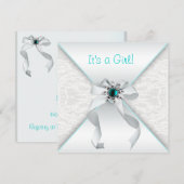 エレガントな白とターコイズブルーのベビーガールシャワー 招待状 (正面/裏面)