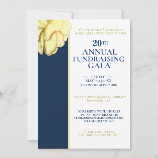 エレガントな白とロイヤルブルーのチャリティーイベントガラ 招待状 (正面)