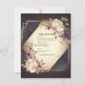 エレガントな白と紫の花のウェディング ディテール カード (正面)