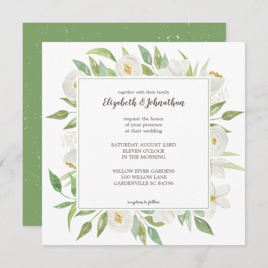エレガントな白と緑の水彩花の結婚式の招待状 招待状 (正面/裏面)