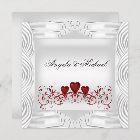 エレガントな白と赤のハートの結婚式招待状 招待状 (正面/裏面)