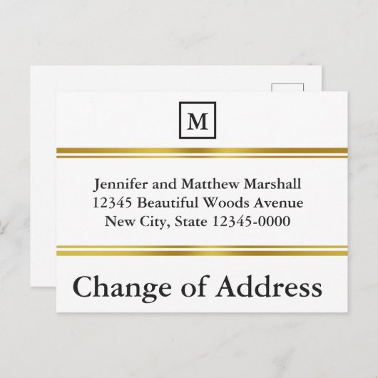 エレガントな白と金のモノグラム 引越のお知らせ 案内ポストカード (正面/裏面)