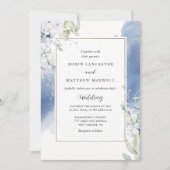 エレガントな白と青の花の水彩ウェディング 招待状 (正面)