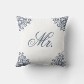 エレガントな白と青のMr. & Mrs. お揃いの枕 クッション (裏面)