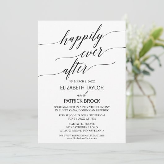 エレガントな白と黒のカリグラフィー挙式後パーティー 招待状 (スタンド正面)