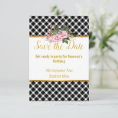 エレガントな白と黒のチェック柄の返信カード 出欠カード (スタンド正面)