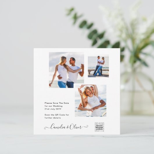 エレガントな白と黒の写真 ウェディング 招待状 QRコード付 (スタンド正面)