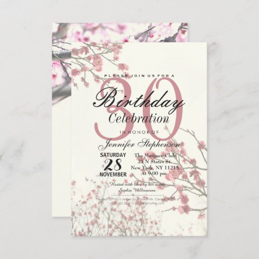 エレガントな白のかわいらしい桜の木 招待状 (正面/裏面)