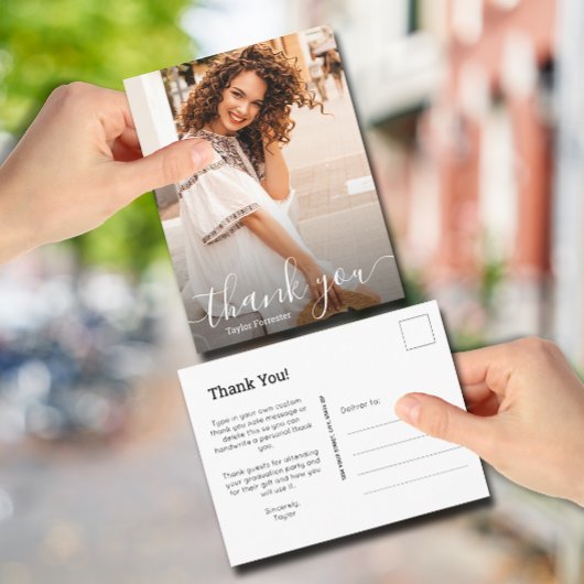 エレガントな白のスクリプト 写真 卒業 ありがとう ポストカード