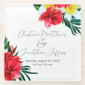 エレガントな白のハワイの熱帯花 ガラスコースター (正面)