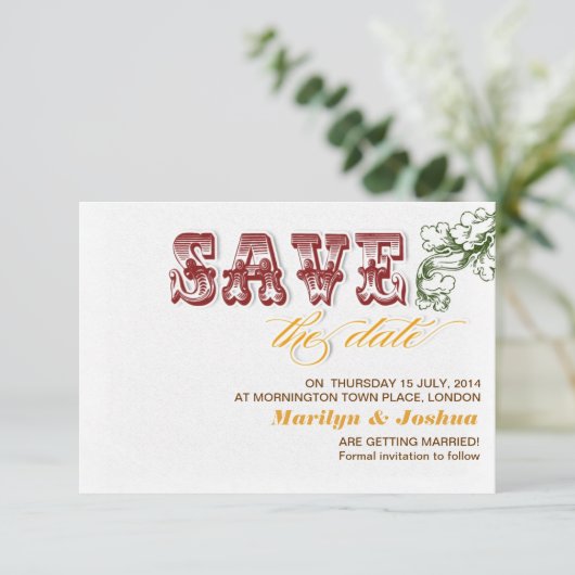 エレガントな白のヴィンテージ風の結婚式の招待状 セーブザデート (スタンド正面)