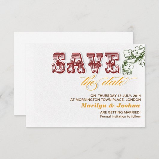 エレガントな白のヴィンテージ風の結婚式の招待状 セーブザデート (正面/裏面)